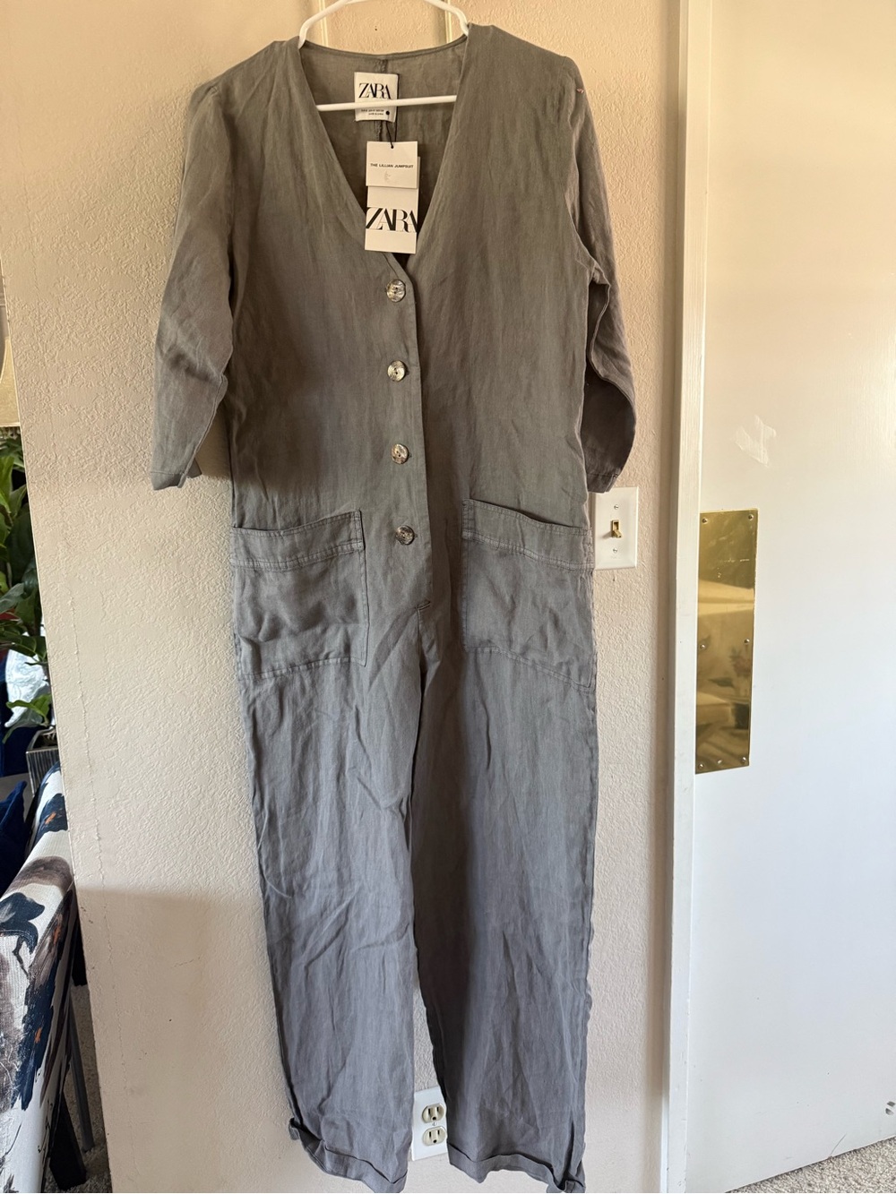 Zara Gray Button-Front Linen Jumpsuit